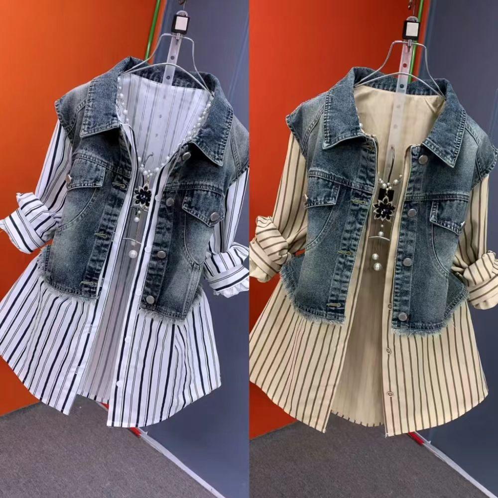 Модная полосатая джинсовая куртка женская весна/лето дизайн Sense Stitching женские куртки темперамент пальто топ поддельные две части рубашка пальто
