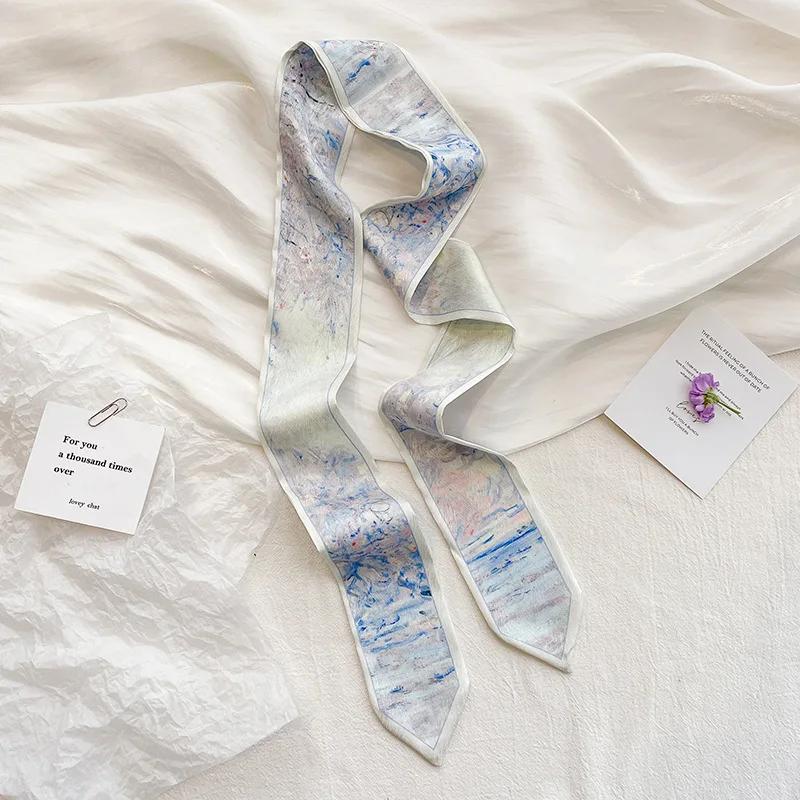 Длинная повязка на голову, узкий шейный платок, женский шарф для волос, модная повязка на голову, милый галстук, шарфы, шелковистый шарф с роскошным принтом, шарф для сумки для дам