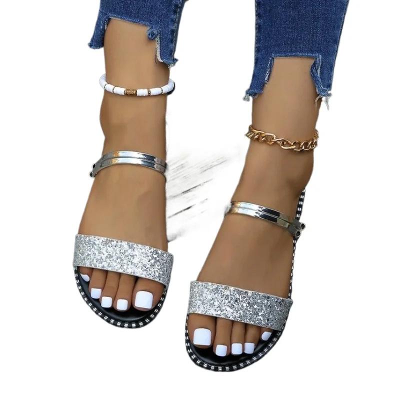 Сандалии женские на плоской подошве 2024 года, новые летние мягкие подошвы, универсальные и неутомимые ноги, одна линия с римскими туфлями Water Diamond
