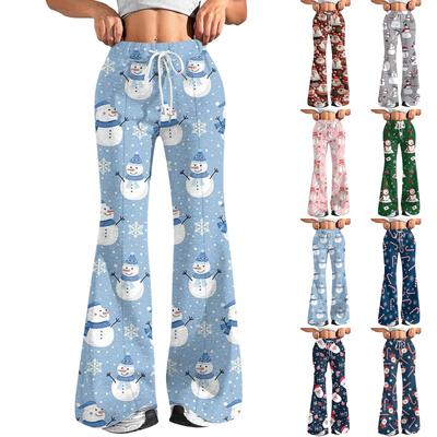 Женские модные свободные спортивные брюки с принтом на рождественскую тематику и кулиской на талии, повседневные расклешенные брюки