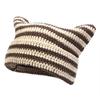 Autumn Winter Outdoor Warm Knitting Caps Cute Striped Cat Ear Hat No Brim Thickened Stretchy Yarn Knitted Beanie Hat