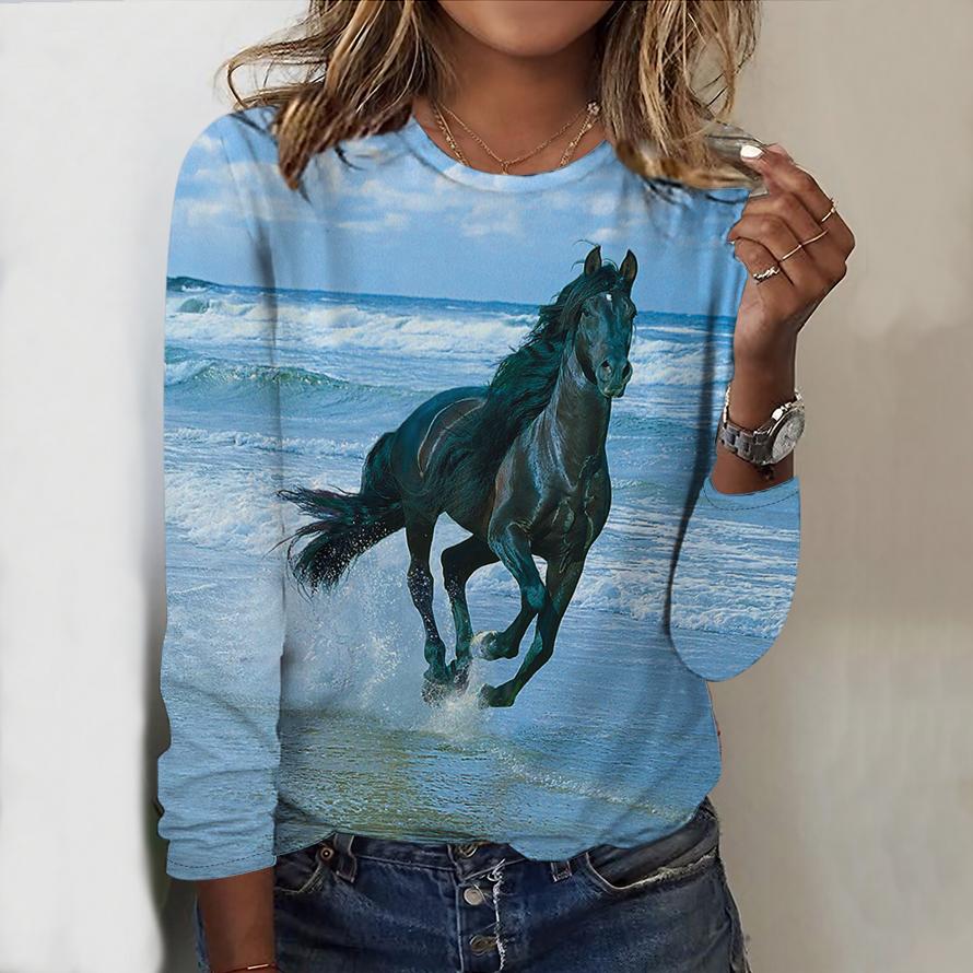 Tops For Women Zebra&Oil Painting Horse Print Round Neck Long Sleeve T-shirt Fall Casual Slim Pullover Women's Long Sleeve Top