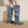 Высокие сапоги Винтажные джинсовые сапоги для женщин на тонком каблуке с острым носком Длинные сапоги Женская обувь Джинсовая обувь для женщин