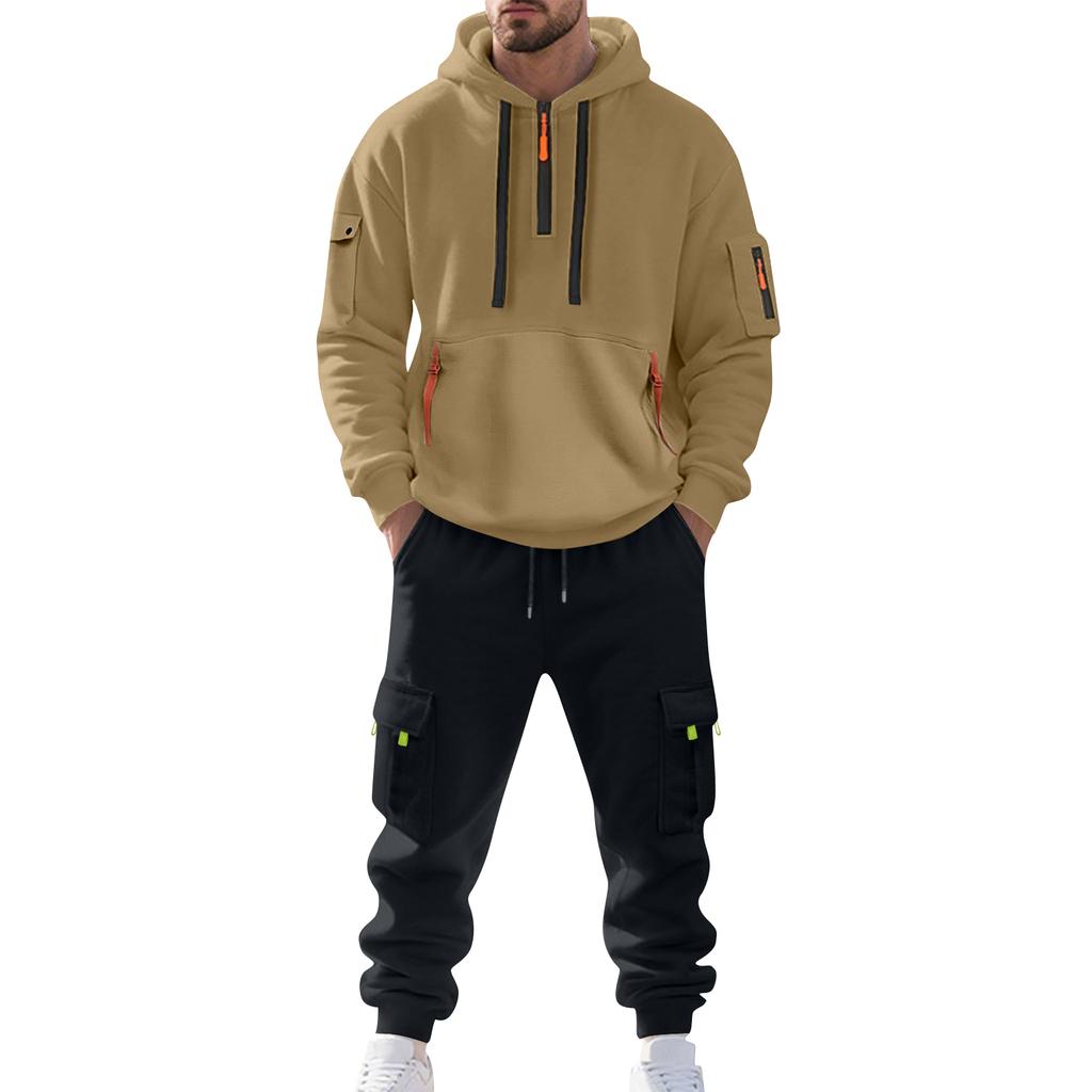Men's Solid Color Casual Suit Loose Sports Hooded Sweatshirt With Pockets Multi Pocket Overalls Suit