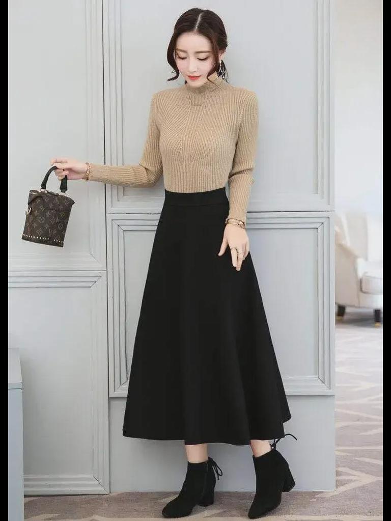 Юбка средней длины с высокой талией в корейском стиле для женщин на резинке