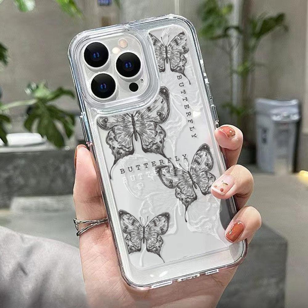 Черная линия бабочек для iPhone17PorMax прозрачный чехол для телефона 16Pro Apple 15 все включено 13/14