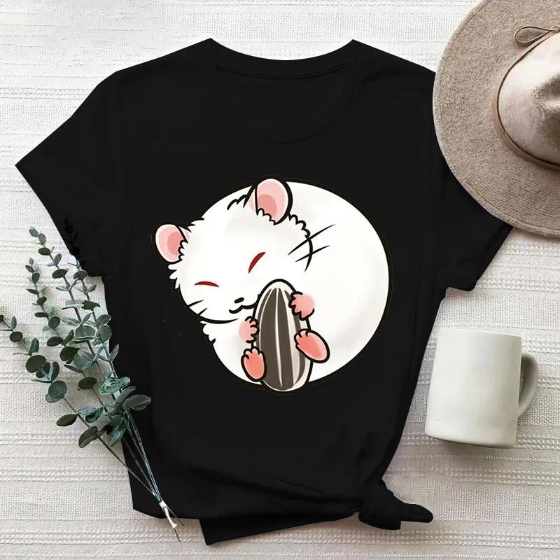 Cartoon Cute Hamster Cartoon Cute Hamster Baby Round Neck Big Size Round Neck Black T-shirt Woman Tops