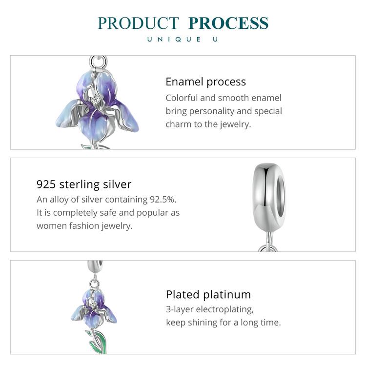 BAMOER Стерлингового Серебра 925 пробы Цветок Ириса Висячие Бусины Фиолетовый Постепенный Эмаль Подвески для Женщин Браслет и Ожерелье Ювелирные Изделия DIY