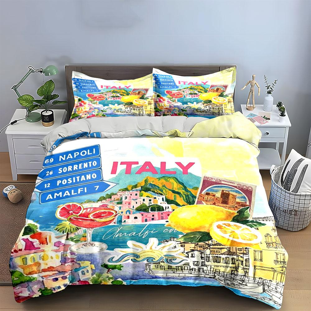 Italy Amalfi Coast Travel Collage Bedding Set,Lemon Coastal Town Cocktail Vintage Stamp Map Print Duvet Cover Set,Home Decor 3PC