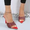 Fashion Summer Fashion Model Sexy New Pointed Toe Sequins Hollow Sandals Women's High Heel Solid Color Heeled Slippers Zapatos Mujer