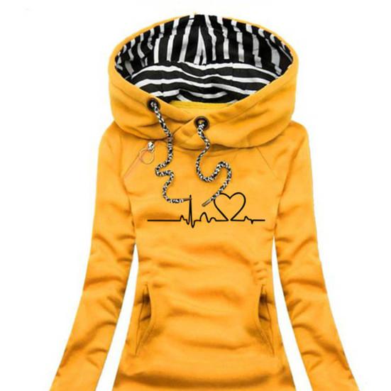 Пуловер средней длины на шнурке с передним карманом и длинными рукавами, женская осенне-зимняя толстовка с принтом «сердцебиение», облегающая толстовка с капюшоном, верхняя одежда