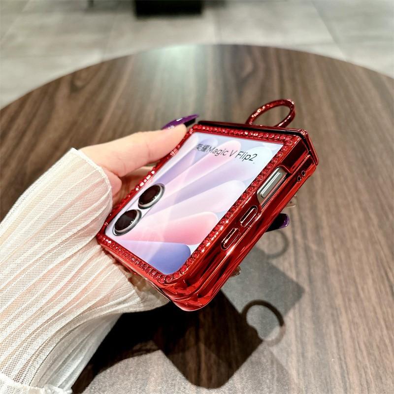 Luxury Rhinestone Ring Stand Case Honor Magic V Flip2 Shockproof PC Cover With Mirror Finish Slim Lightweight Design