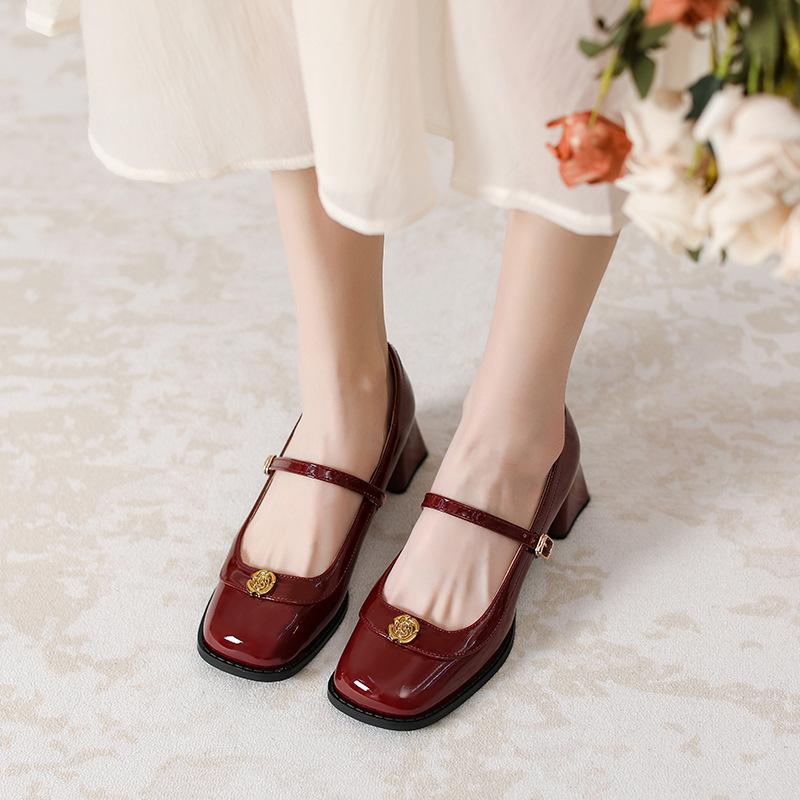Leather flat for Huizhou women's shoes Su Yinyin same Mary Jane shoes high heel French new single shoes thick heel