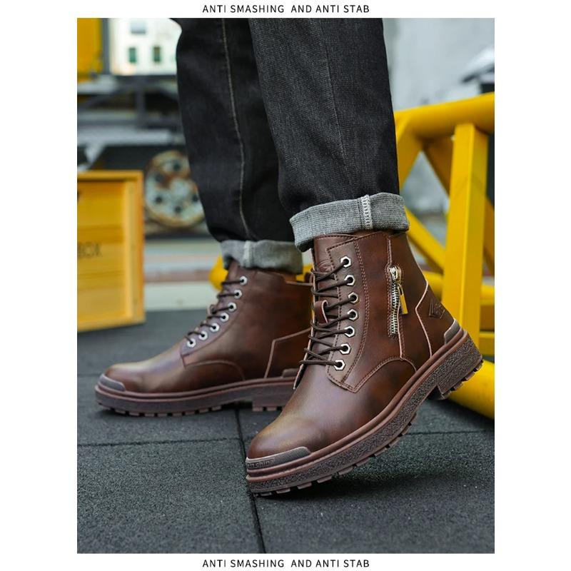 New 2024 Fashion Black Leather Men Work Safety Boots Zip Ankle Indestructible Steel Toe Cap Anti Smashing Shoes Male Footwear
