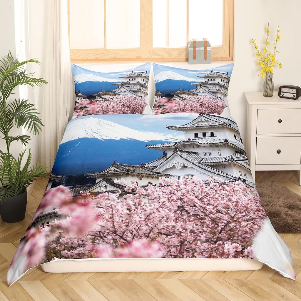 Mount Fuji Duvet Cover Twin Size Kids Cherry Blossoms Comforter Cover Set For Boys Girls Teens Natural Scenery Art Bedding Set