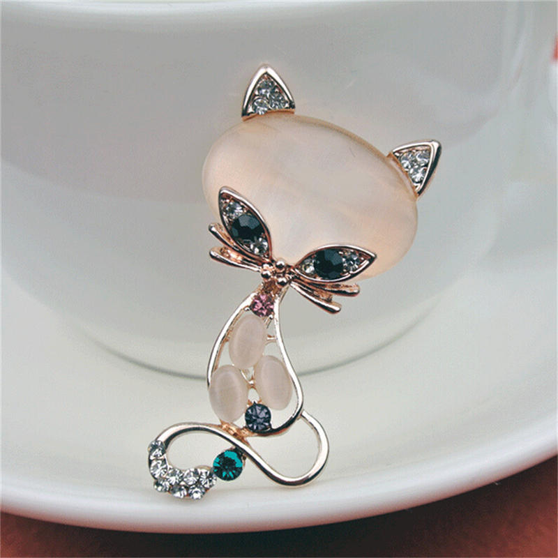 Opal Stone Fox Brooches Womens Cute Animal Pin Brooch Jewelry