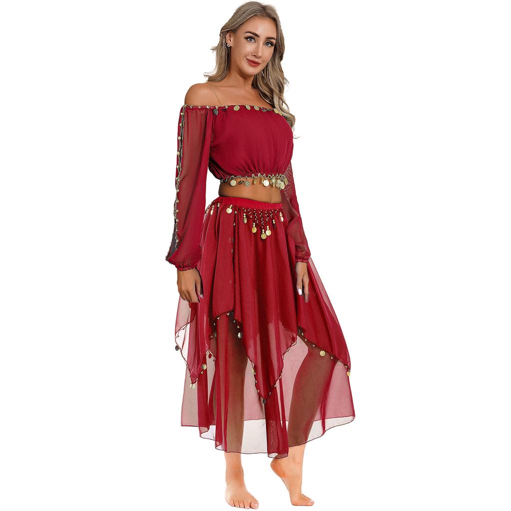 Женский костюм для танца живота с блестящими пайетками, укороченный топ с длинными рукавами-фонариками и шифоновая юбка