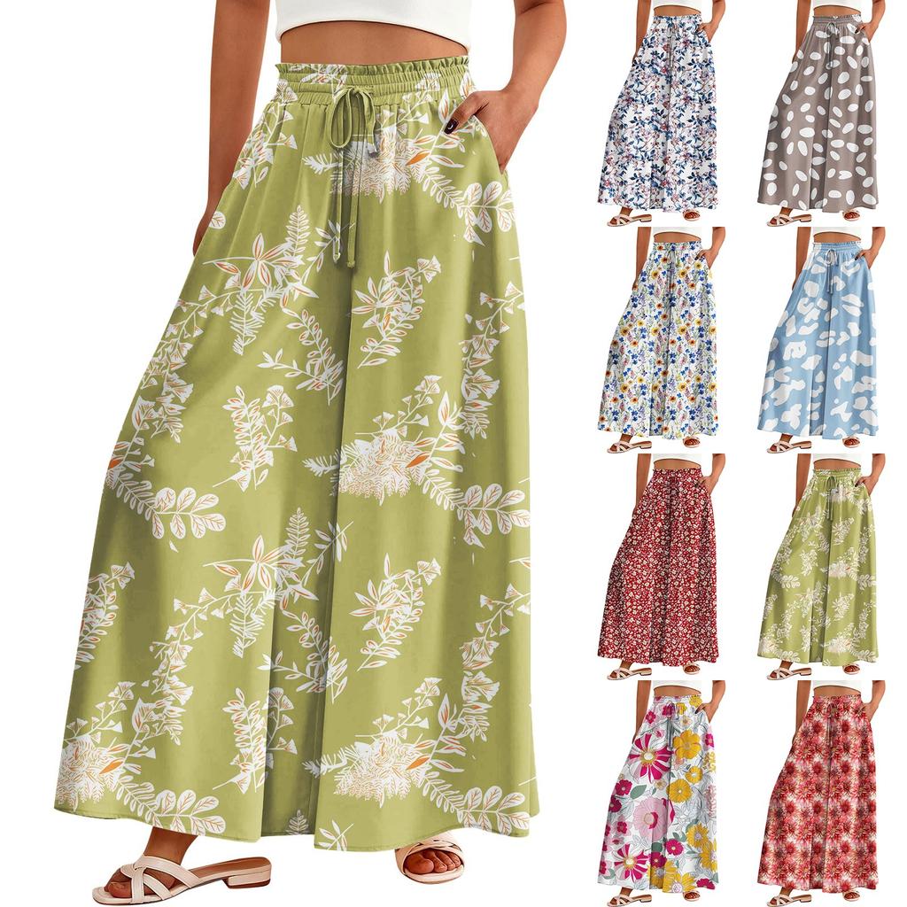 Women's Palazzo Pants Boho Floral Wide Leg Trousers Summer Beach High Waisted Flowy Pants With Pockets