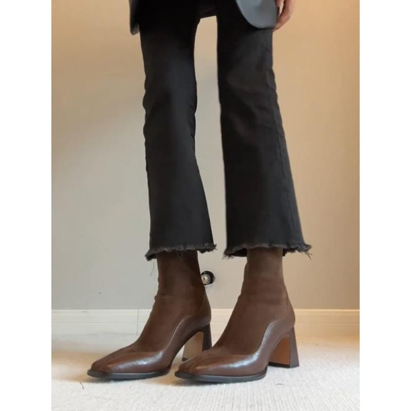 Версия из коровьей кожи~ Эластичные тонкие ботильоны из французской кожи женские ретро с квадратным носком в стиле пэчворк ботинки-носки на высоком каблуке темпераментные короткие ботильоны