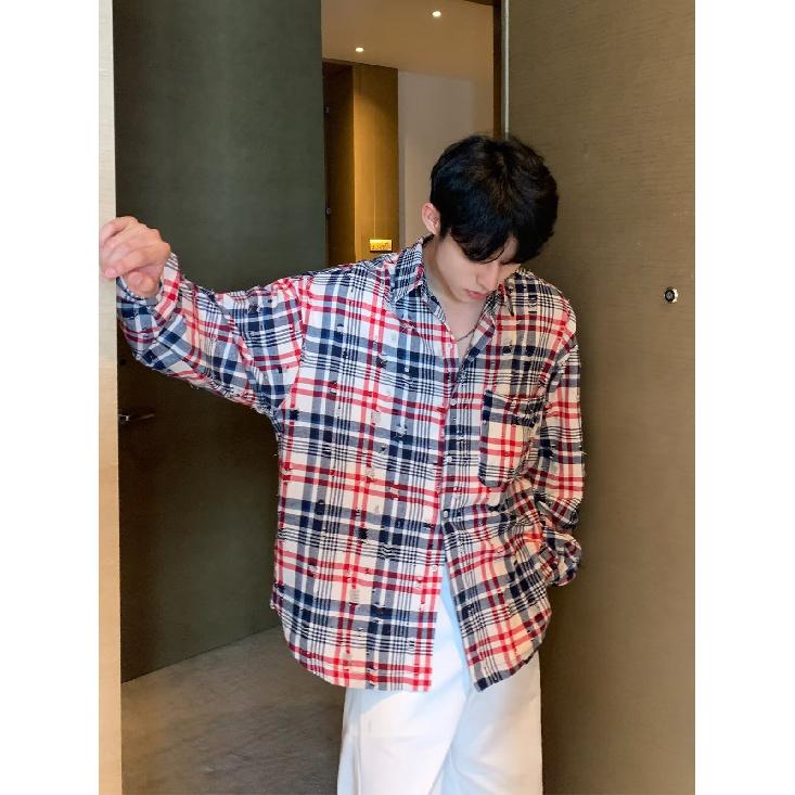 2024 Клетчатая рубашка с длинным рукавом в японском стиле Гонконга Ins Свободная рубашка для мальчиков Летнее модное универсальное повседневное пальто