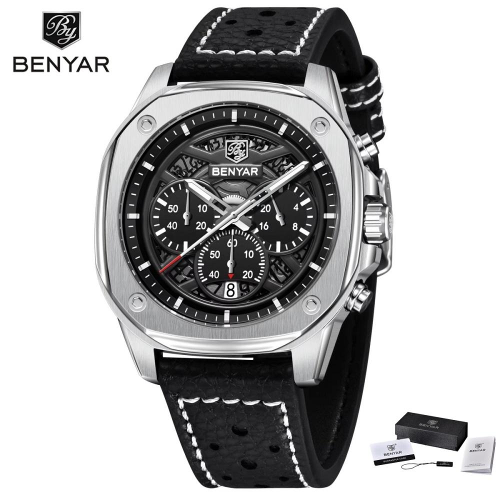BENYAR Fashion Men Quartz Watch Stainless Steel Strap Retro Sports Watches For Man Calendar Luminous Waterproof Reloj Hombre