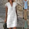 Summer New Women's Casual V-Neck Lace Patchwork Solid Color Cotton Linen Dress