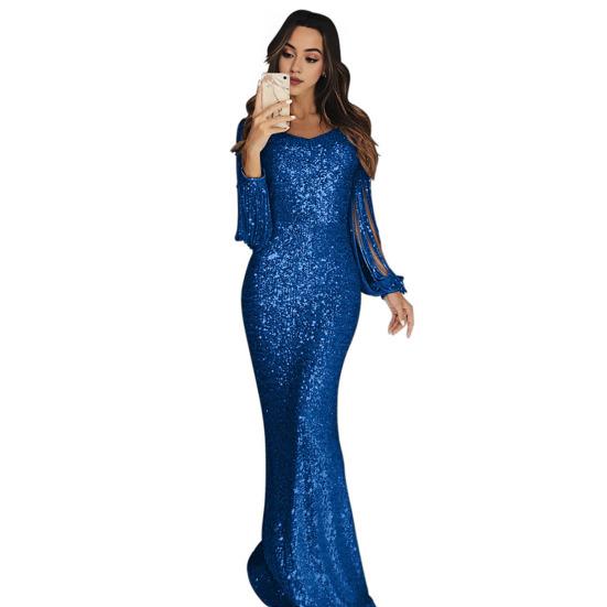 Женское платье для выпускного вечера с кисточками и рукавами-футляром, облегающее платье с V-образным вырезом, однотонное вечернее платье с блестками и рыбьим хвостом, коктейльное платье макси