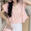 Летние женские повседневные милые топы с коротким рукавом и кружевным узлом, укороченная блузка