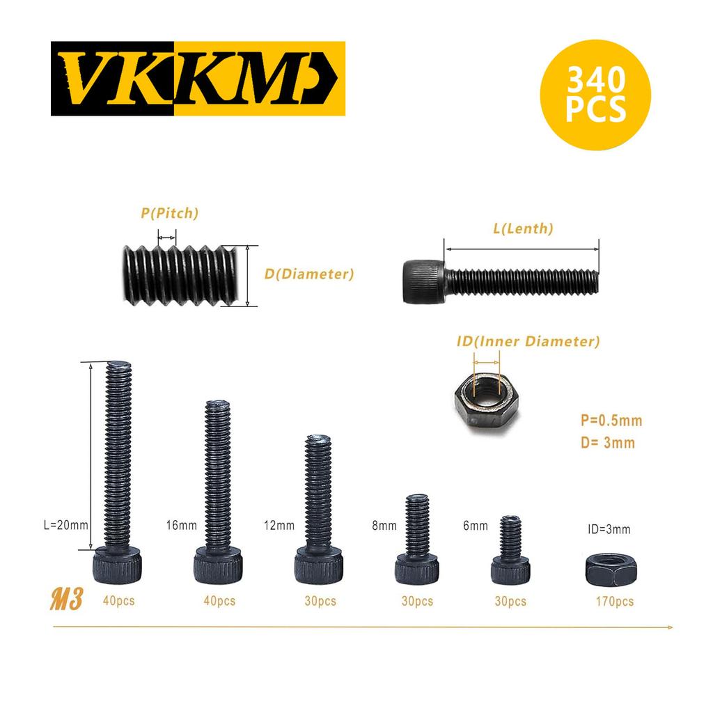 340 черных болтов с цилиндрической головкой, набор гаек, M3x (6/8/12/16/20) набор болтов с шестигранным ключом.