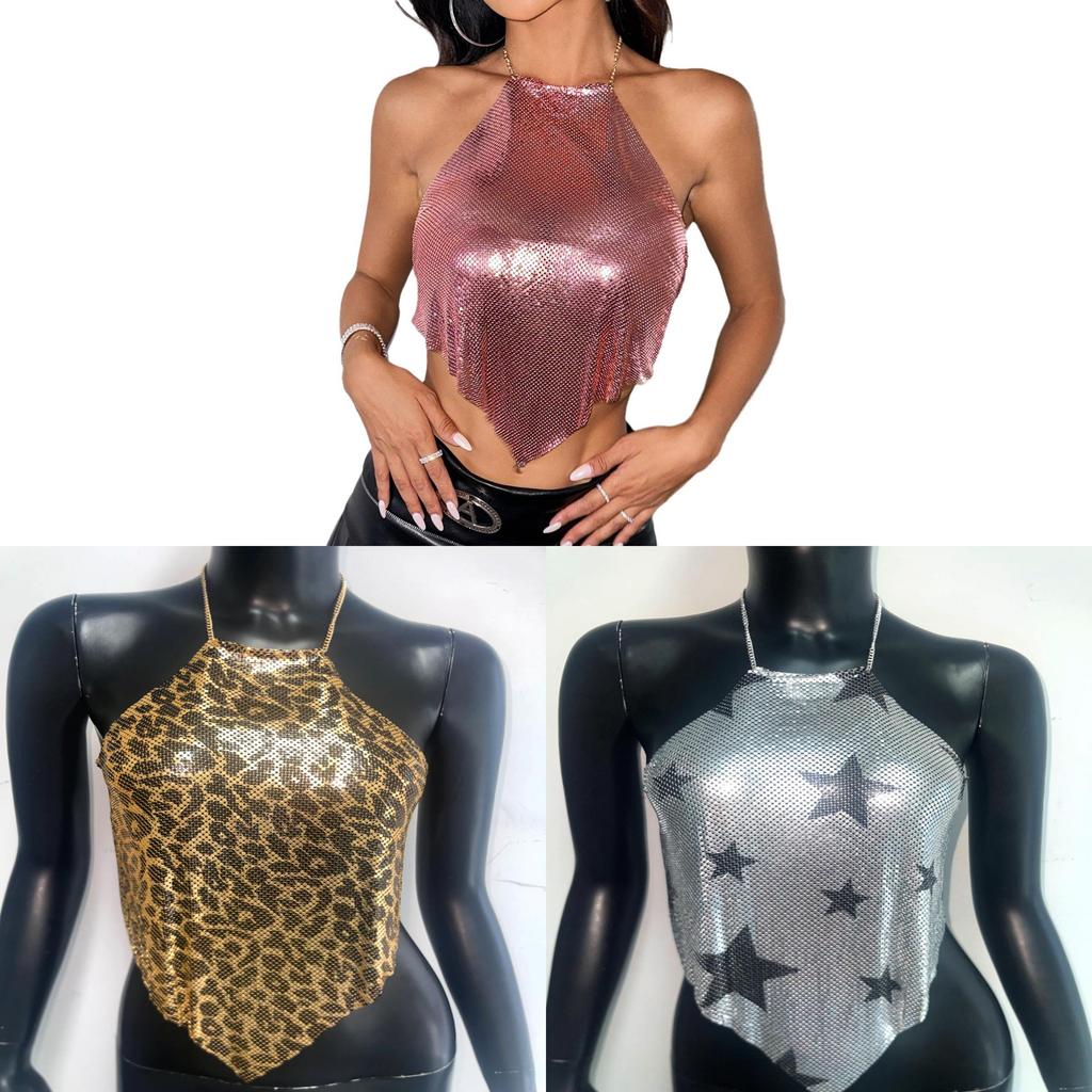 Metallic Sequin Crop Top For Women With Halter Neck Streetwear