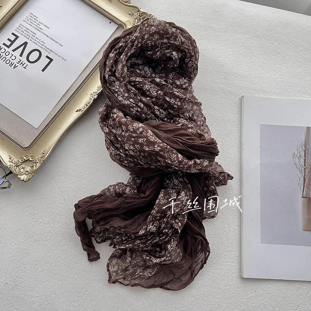 Новый Художественный Цветочный Ретро Плиссированный Хлопково-Льняной Шарф Тонкий Универсальный Женский Шарф Сочетающаяся Одежда Осенне-Зимний Модный Тренд