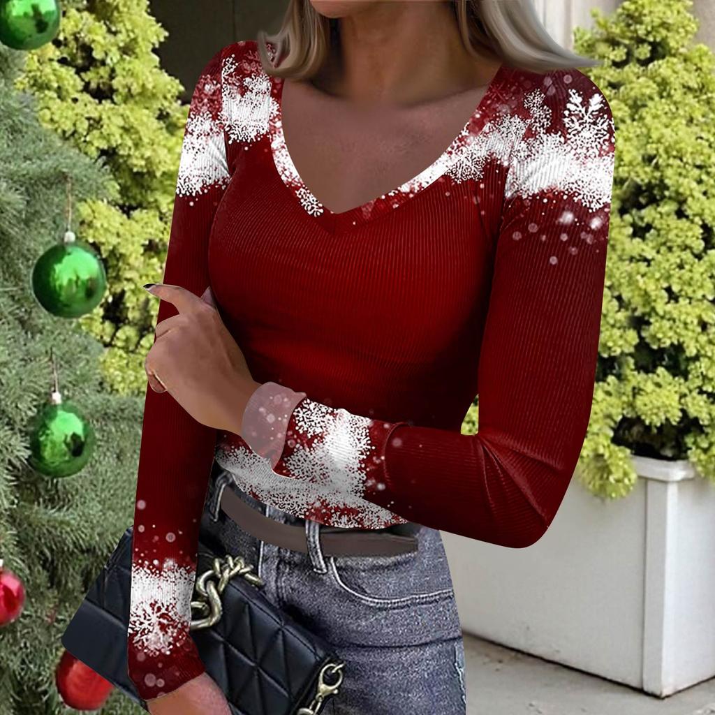 Women's Winter Slim-Fit Base Layer T-Shirt Fashionable Christmas Print V-Neck Pullover Long-Sleeved Top