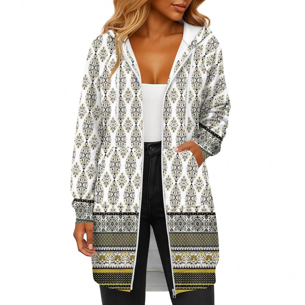 Women's Fashionable Printed Long Sleeved Drawstring Hooded Zipper Pocket Long Casual Sweatshirt Jacket