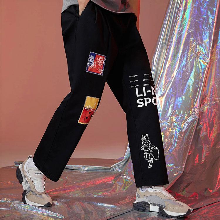 Li-Ning Свободные повседневные длинные брюки прямого кроя с тематическим принтом, осенние штаны унисекс, черные AKXR429-2
