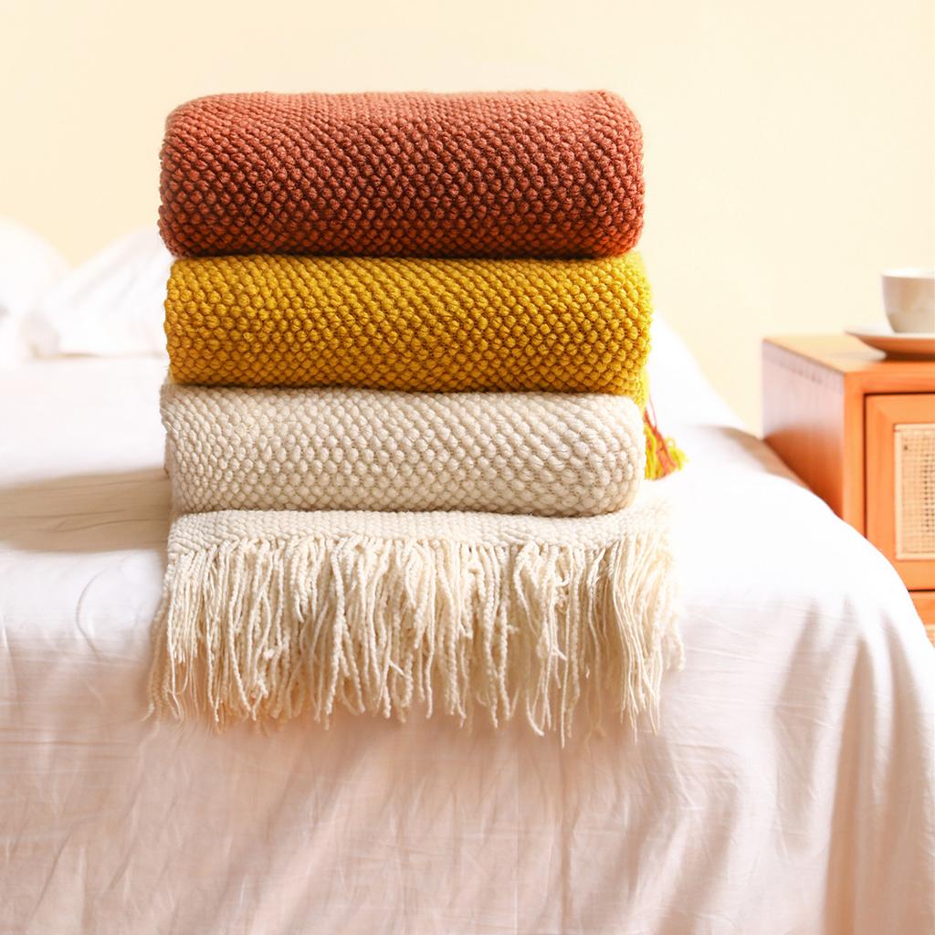 Knitted Throw Blanket with Tassels Bubble Textured Lightweight Throws for Couch Cover Home Decor