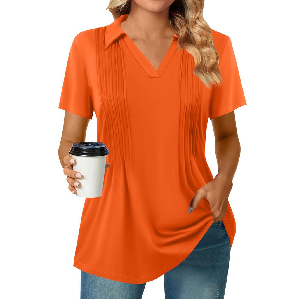 Женские футболки с коротким рукавом, плиссированные, с V-образным вырезом, однотонные, с воротником, летние топы, модные, деловые, повседневные, для работы