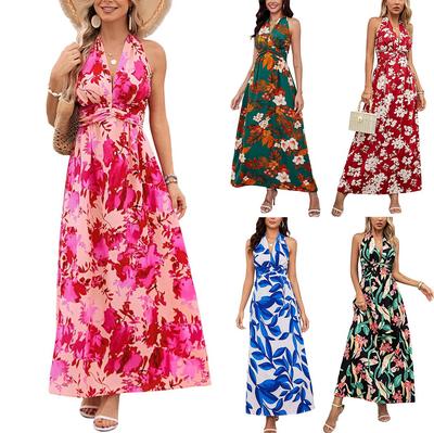 Женское темпераментное платье с принтом на шее в стиле бохо. Пляжное платье макси.