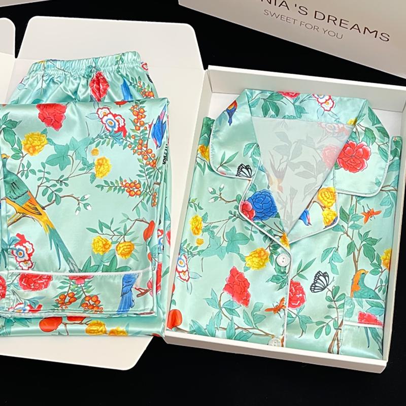 Весна осень Свободный Удобный Пижамный Костюм Цветочный Принт Женская Пижама Ice Silk Домашняя Одежда Длинный Рукав Комплект из двух предметов Femme Satin