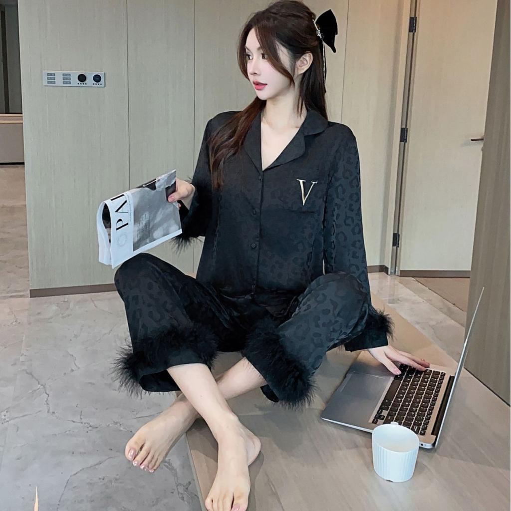 Jacquard Spring Feather Ice Silk Pajamas for Women Light Luxury Silk Satin Home Clothes