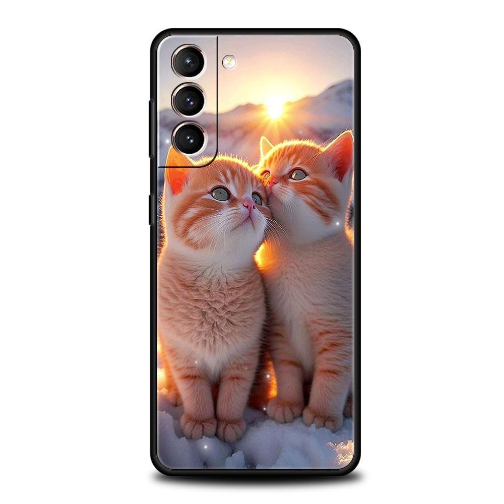 Чехол для телефона 'Целующийся кот' Милый котенок Для Samsung Galaxy S25 S24 S23 FE S22 Ultra S20 S21 5G S10 Plus S10E Мягкая черная крышка