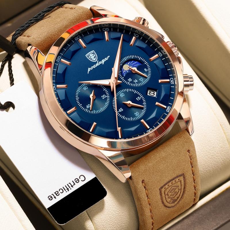 Новейшие модные спортивные часы, многофункциональные стрелки, водонепроницаемый светящийся кожаный ремешок, три дисплея с календарем, роскошные мужские часы