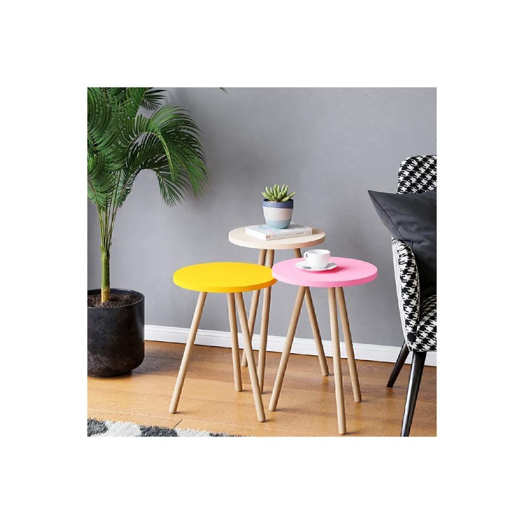 Красочный журнальный столик с тройным вложением, деревянные ножки, круглый пастельный дизайн, серый, белый, капучино