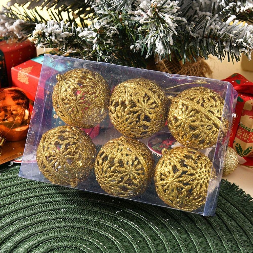 6Pcs 6CM Christmas Glitter Ornament Balls Red Gold Christmas Ball Pendants Hollow Out Decorative Christmas Tree Decoration