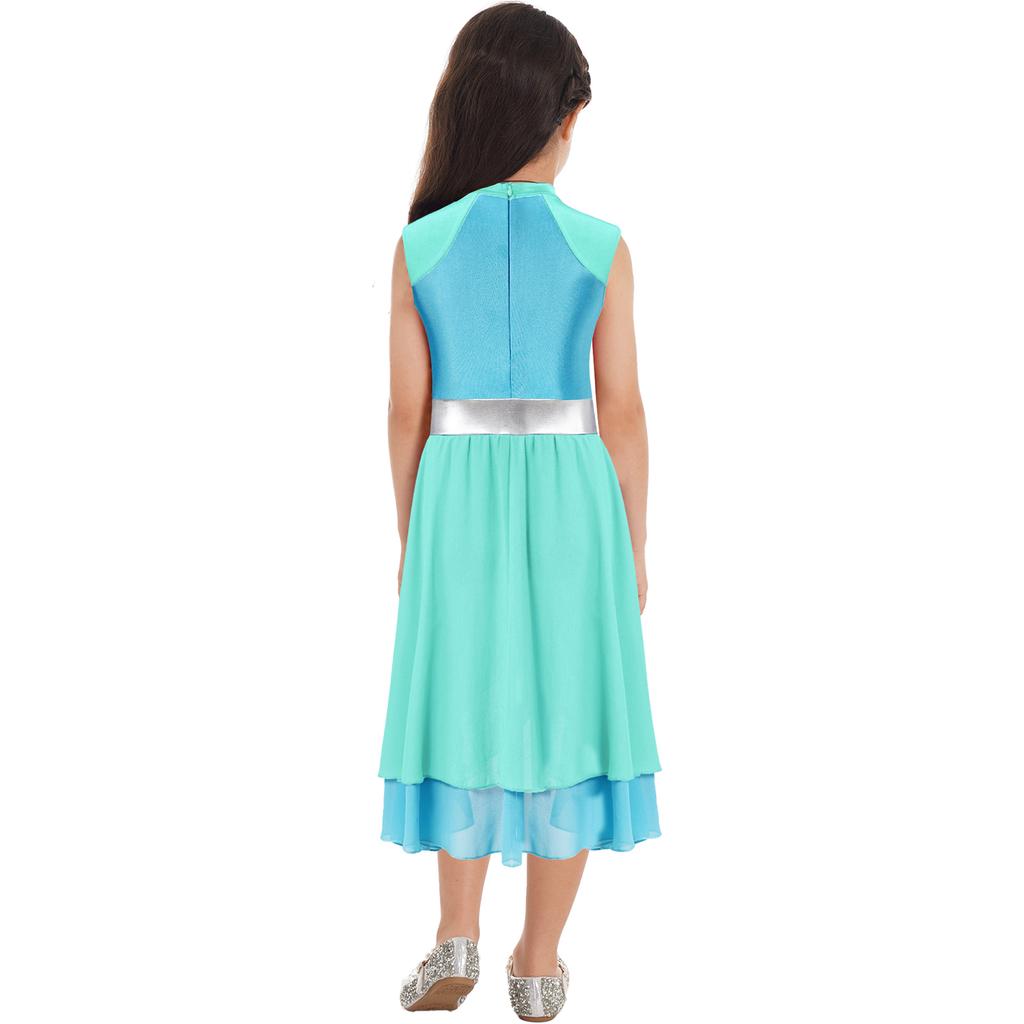 Girls Praise Dance Dress Color Block Mock Neck Sleeveless Tiered Wrap Hem Lyrical Performance Gown