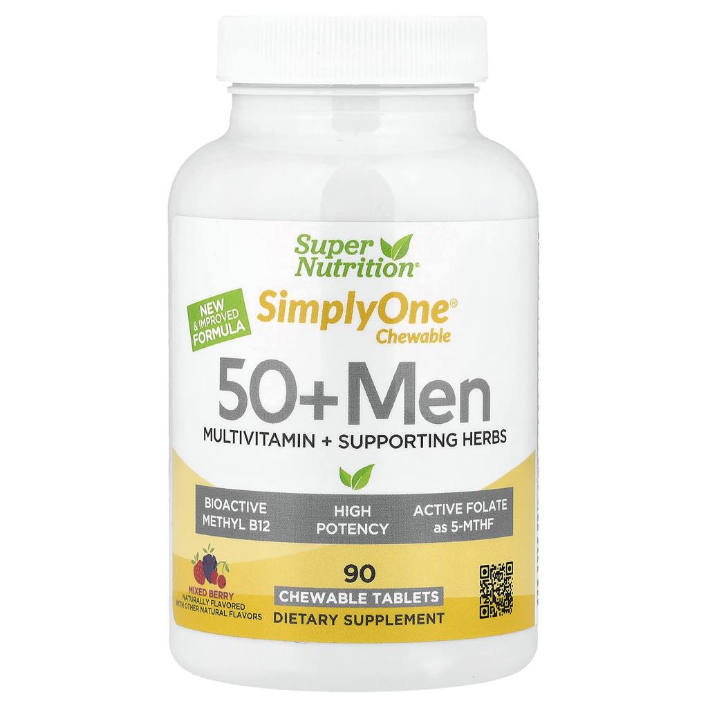 Super Nutrition, SimplyOne® Chewable Multivitamin + Health Boosting Herbs for Men Over 50, Mixed Berry Flavor, 90 Chewable Tablets