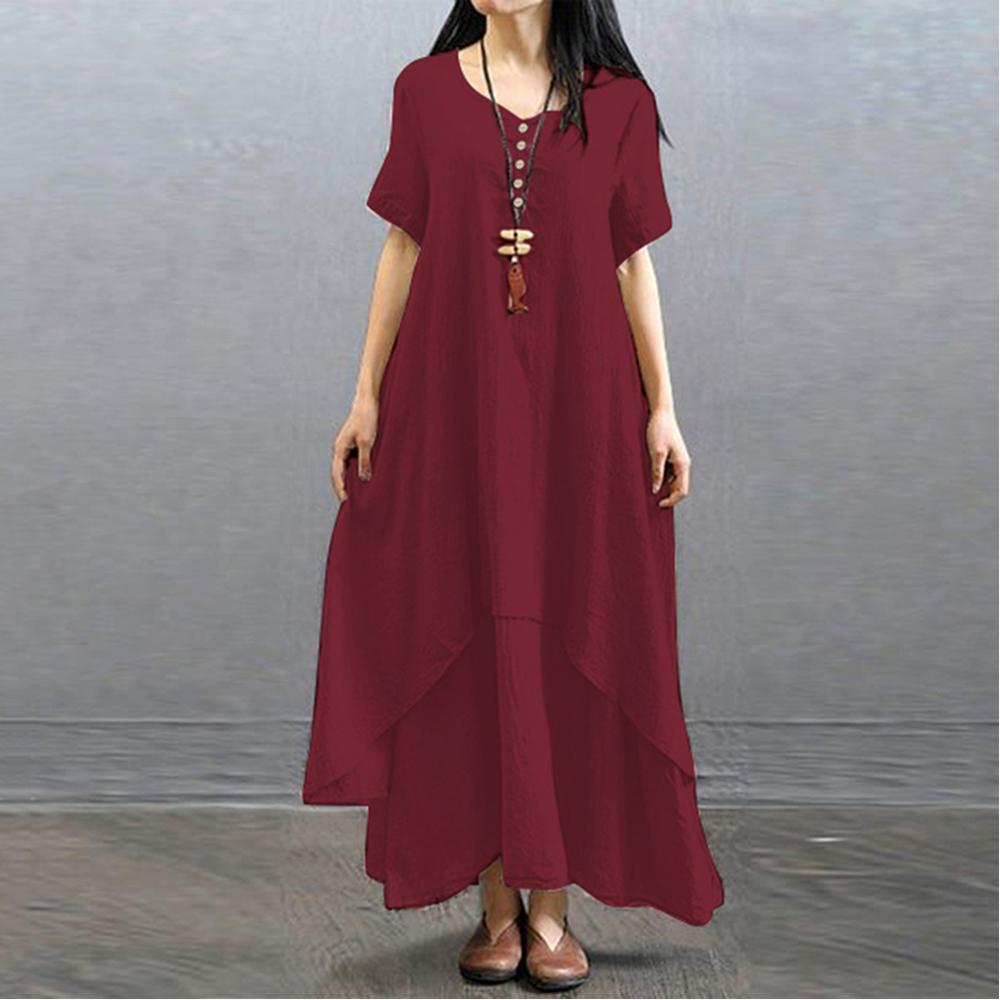 Новое модное женское повседневное свободное платье сплошного цвета с коротким рукавом в стиле бохо летнее длинное платье макси