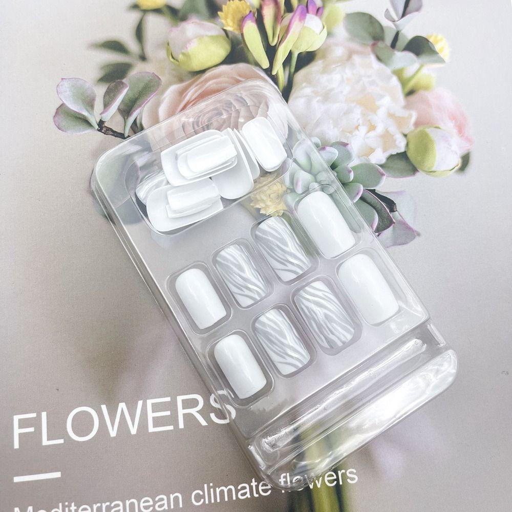 24pcs Detachable Fake Nials Press on Nails Silver Flame Short Square False Nails French White Edge