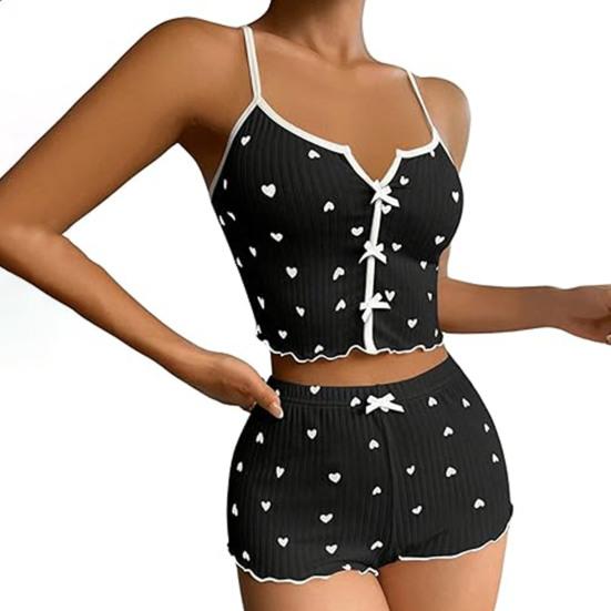 2 Pcs/Set Women Vest Shorts Suit Bow Heart Print Sleeveless Shirring Top High Waist Short Trousers Homewear Loungewear Outfit Summer Sleepwear