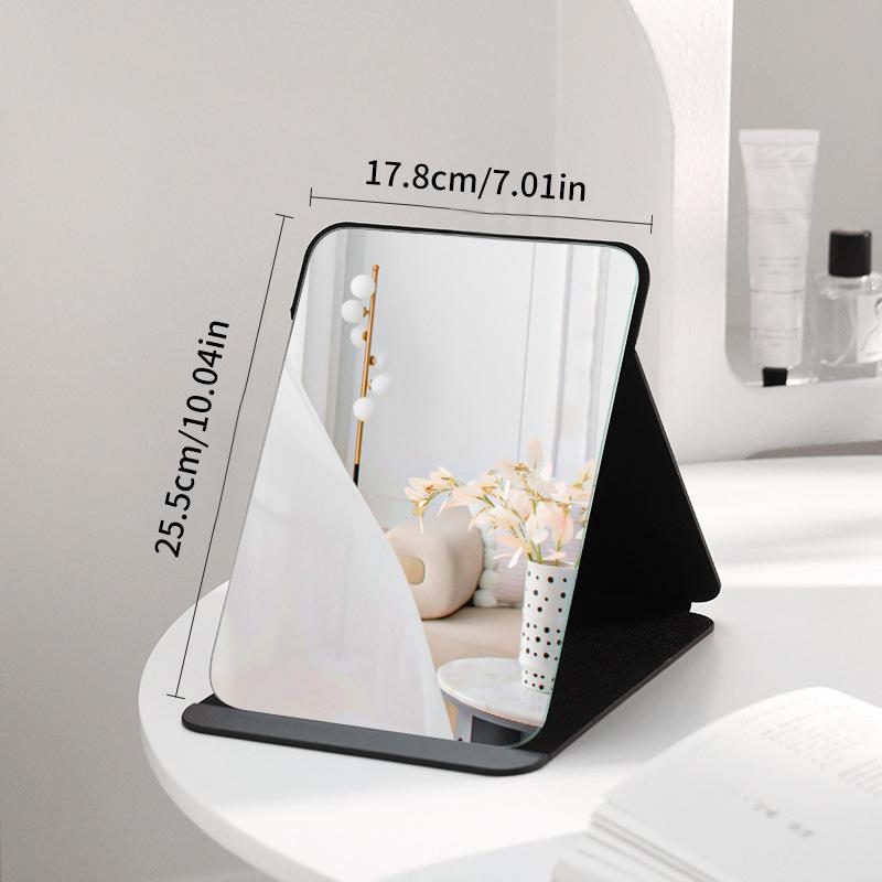 Desktop Makeup Mirror Solid Color Pu Leather Simple Portable Handheld Black Mirror Foldable Student Compact Cute Pocket Mirror