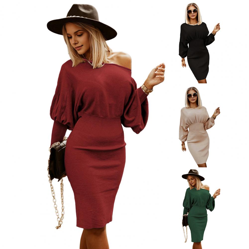 Осенне-весеннее женское платье облегающего кроя, однотонное, с косым вырезом на одно плечо, рукавами-фонариками, эластичное, для шопинга, на работу, миди-платье